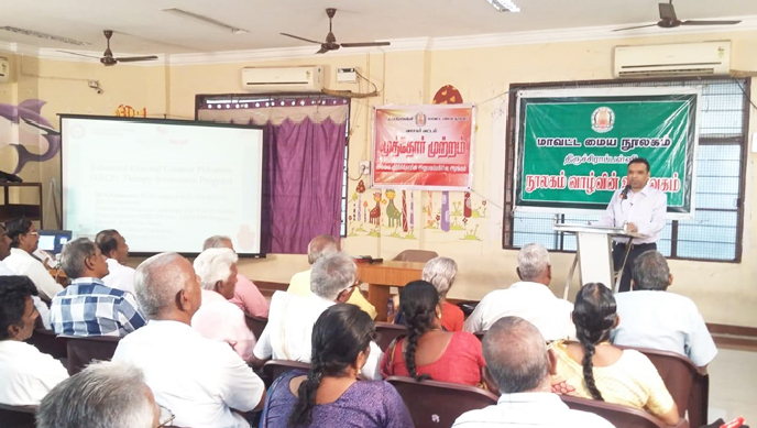 Dr.S.Ramasamy is addressing the senior citizen during his talk on District central library Tiruchy on 18th December 2019.